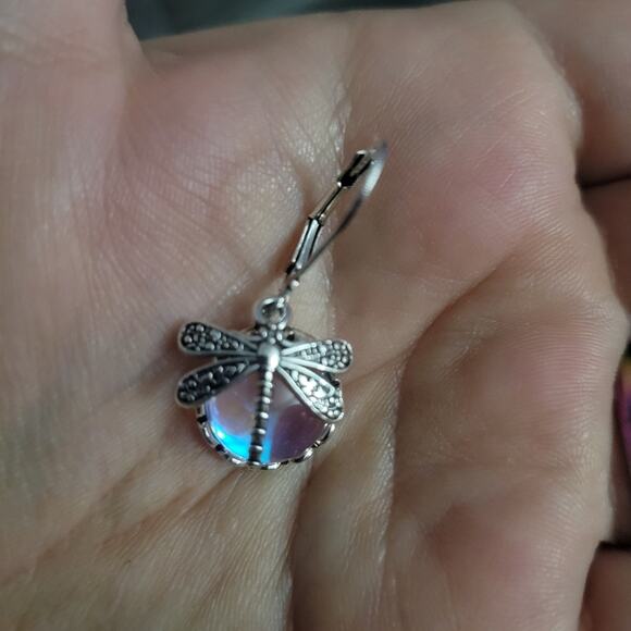 Silver tone and iridescent dragonfly drop earrings - Picture 3 of 3